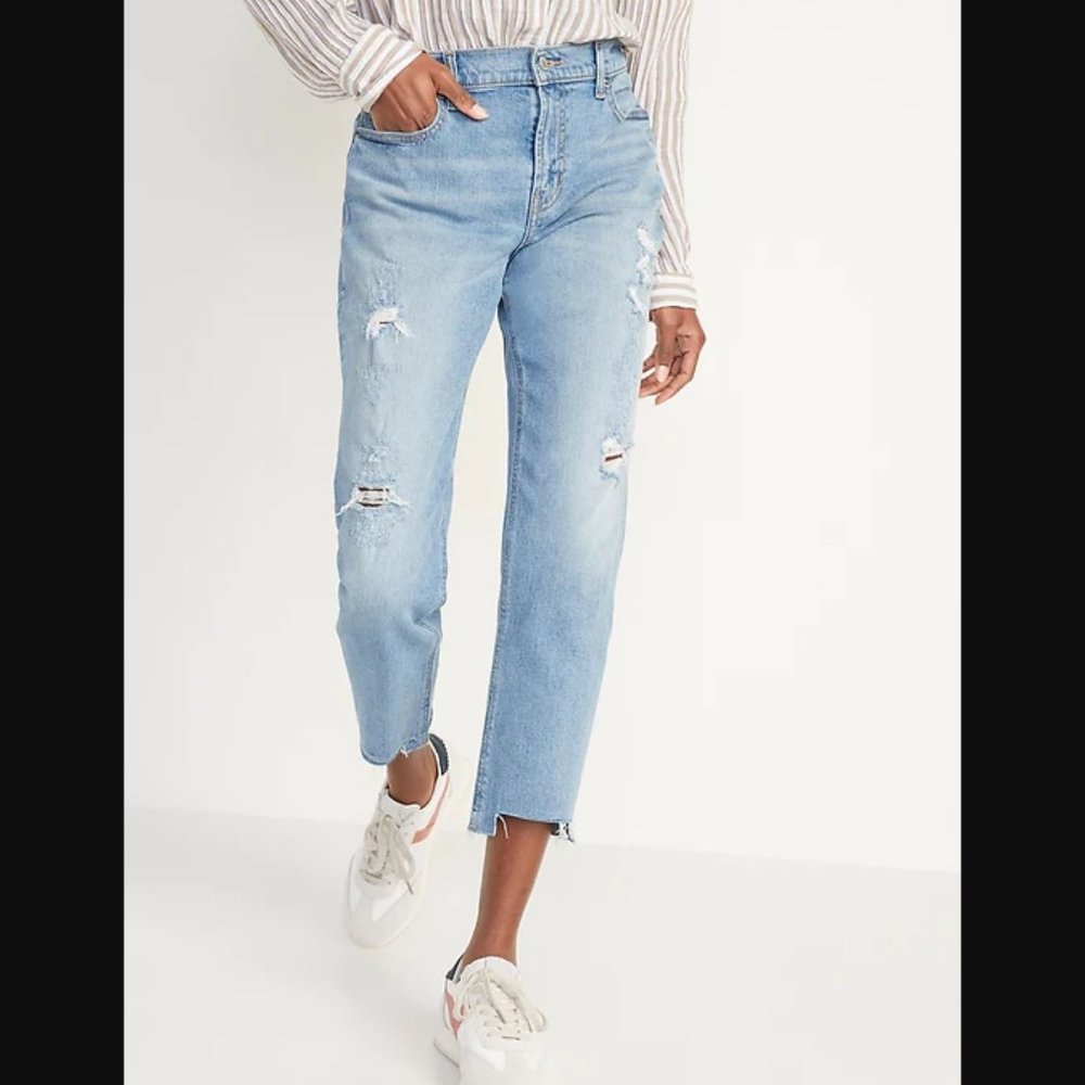 Mid-Rise Boyfriend Straight Ripped Cut-Off Jeans for Women
